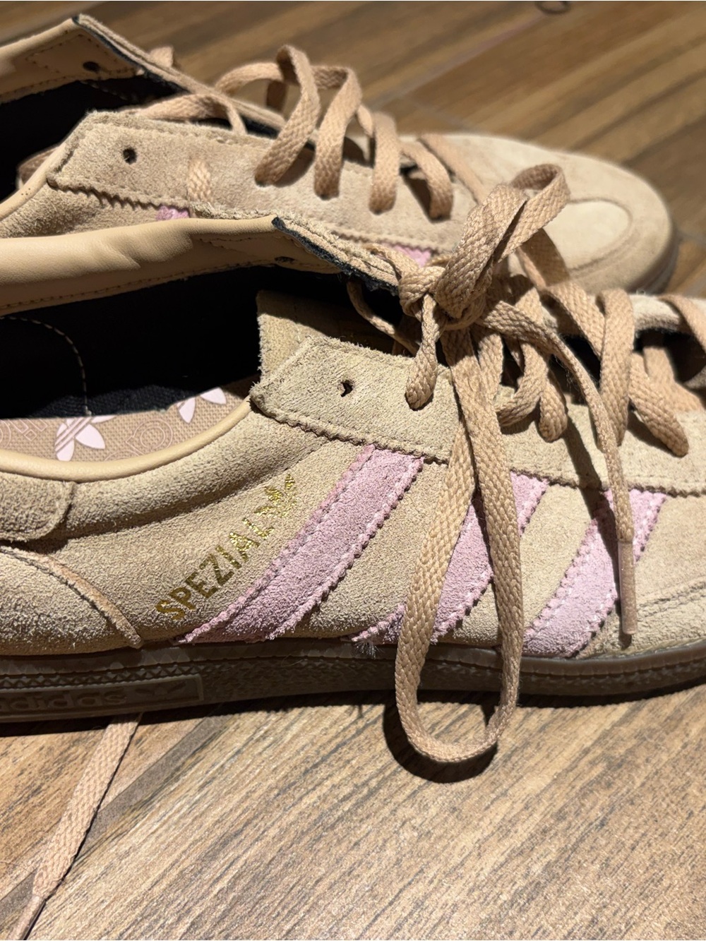adidas Women's Beige Suede Sneakers with Pink Stripes